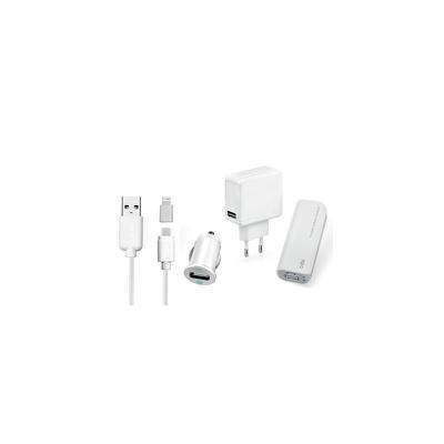 Kit alimentación 4 en 1. Cargador de red + coche + batería externa + cable dual