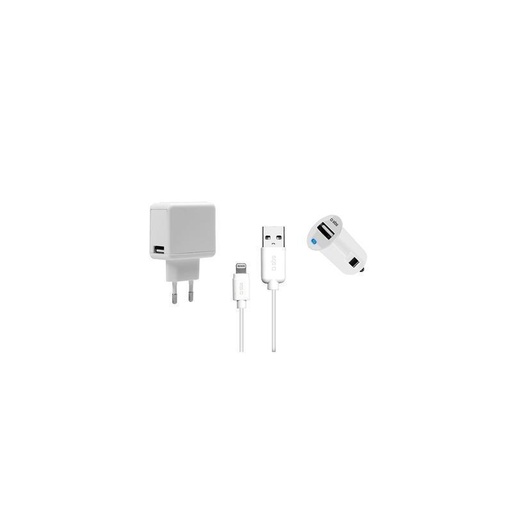 Kit alimentación 3 en 1. Cargador de red + coche + cable Lightning
